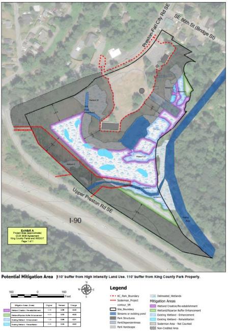 A map showing Preston Mill Park and colors depicting different types of work WSDOT will do to wetland areas. 