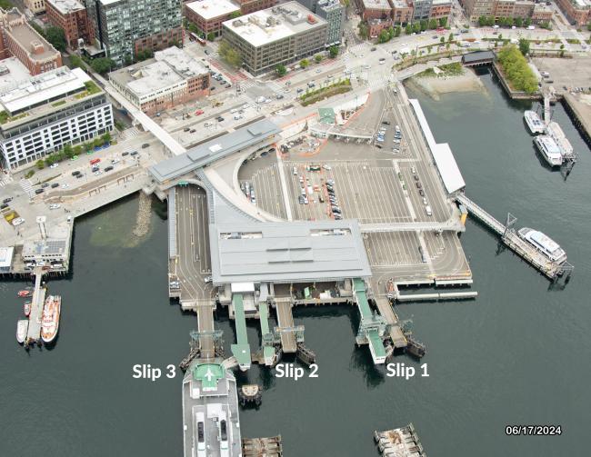 Aerial view of Colman Dock showing ferry slip numbers