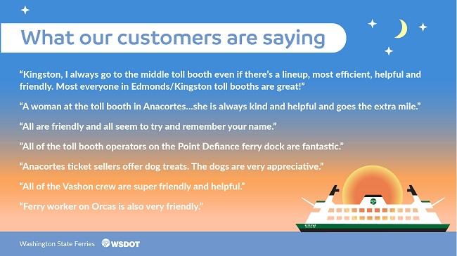 Graphic of a ferry with several compliments from customers