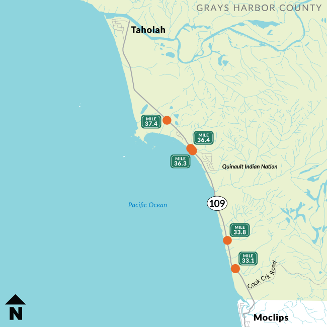 Map of Quinault Indian Nation, Tahola and Moclips. SR 109 shown with five fish barrier removal locations at milepost 33.1, 33.8, 36.3, 36.4 and 37.4.  North arrow points up