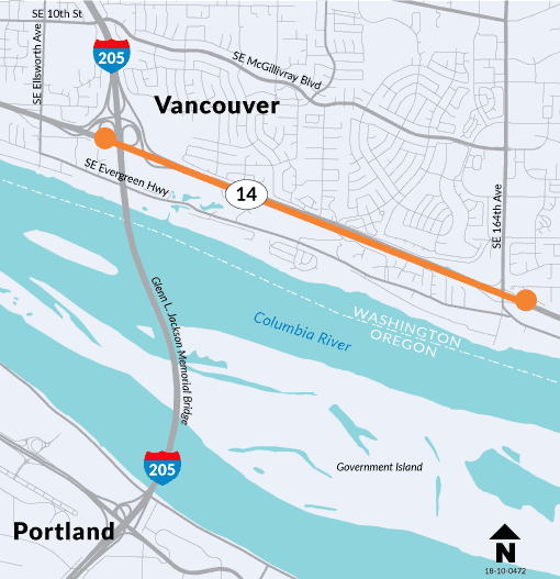 State Route 14 - Interstate 205 to Southeast 164th Avenue Auxiliary Lanes - project location map