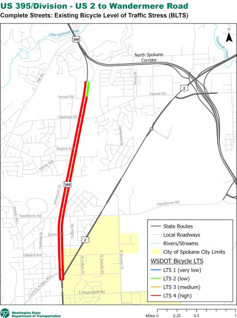 US 395 Division Wye to Wandermere existing bike stress map.