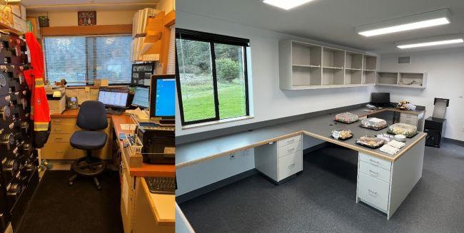 The image is divided into two side-by-side sections showing contrasting workspaces. On the left, a cluttered, compact office space features a large black filing cabinet with multiple drawers, a blue swivel chair, and two computer monitors with various office items scattered. On the right, a spacious and minimalistic office features a large U-shaped desk with ample empty surface space, a few organized items including trays of food, and a window overlooking green outdoor scenery.