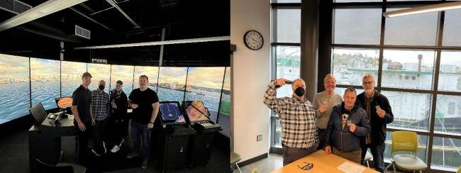 The image is a collage of two photographs. On the left, a group of four people stands in a room with several digital screens displaying a panoramic view of a body of water with a cityscape in the distance. On the right, four people are in a brightly lit room with large windows showing an outdoor scene with a glimpse of a ship or boat in the background.