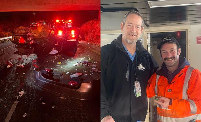 The image is split into two sections. On the left is a scene of a car crash at night. On the right side of the image, two men are standing indoors and smiling at the camera with one of them wearing an orange reflective jacket and holding a coin.