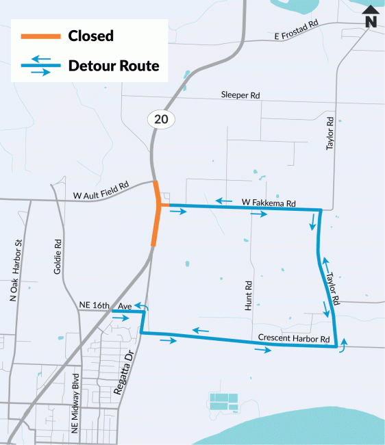 A map showing an orange line showing the construction area at SR 20 and West Fakkema Road. Also showing the southern local-access detour from SR 20 to NE 16th Avenue to Crecent Harbor Road to Taylor Road to West Fakkema Road. 