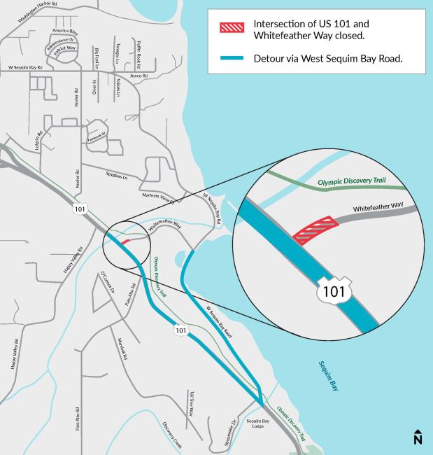 Map of US 101 near Sequim. Whitefeather Way intersection closured at US 101. Detour route via West Sequim Bay Road. 