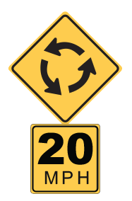 Roundabout sign with suggested speed of 20 miles per hour