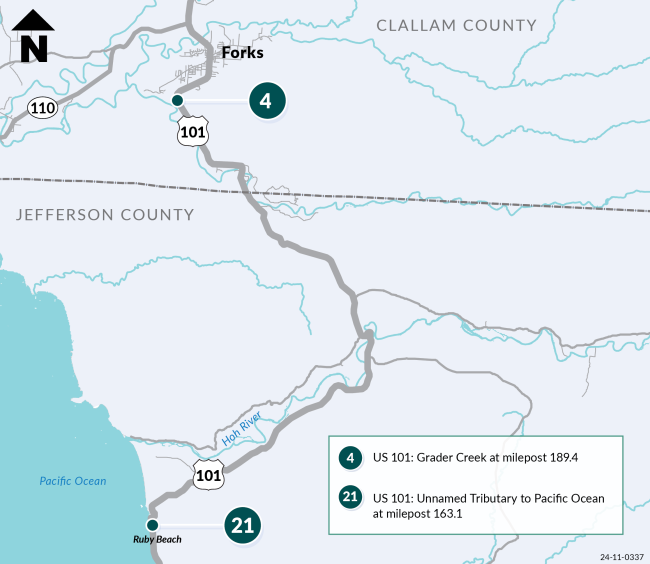 View full image of map showing fish passage site locations in Jefferson and Clallam counties.  Site 4 is labeled as US 101: Grader Creek at milepost 189.4 and site 21 is labeled as US 101: Unnamed tributary to Pacific Ocean at milepost 163.1.