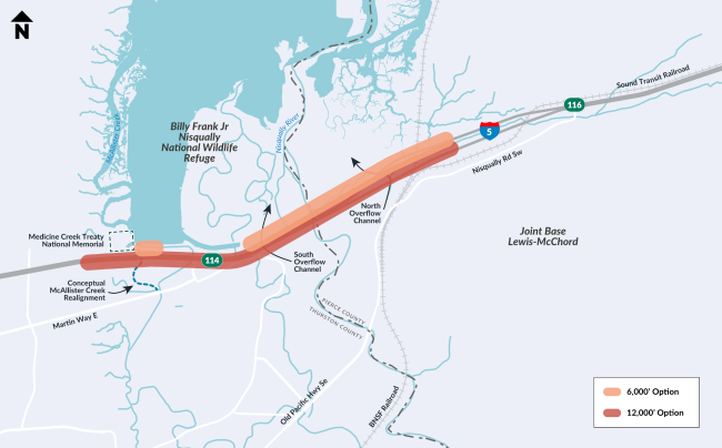 Map of Nisqually showing two potential design options that carries I-5 over the Nisqually Delta. One option is 6,000 feet and 12,000 feet. 