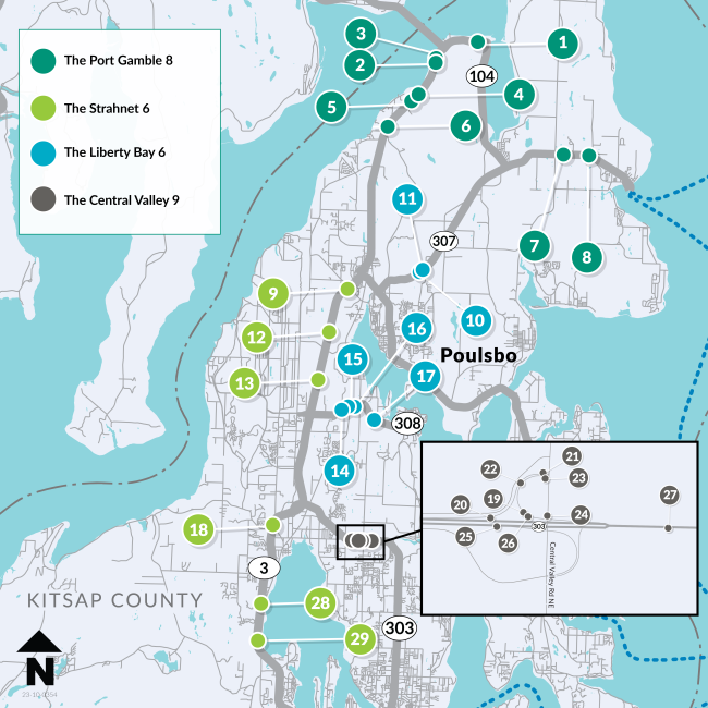 Map of Kitsap County showing multiple locations including Chico, Poulsbo, Bremerton, and near Hood Canal Bridge. Broken down into four separate groups  called the Port Gamble 8, the Strahnet 6, The Liberty Bay 6 and The Central Valley 9. North arrow points up. 