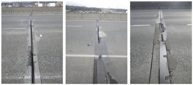 A photo showing three expansion joints on the SR 99 Spokane St. Bridge with cracked and missing concrete. 