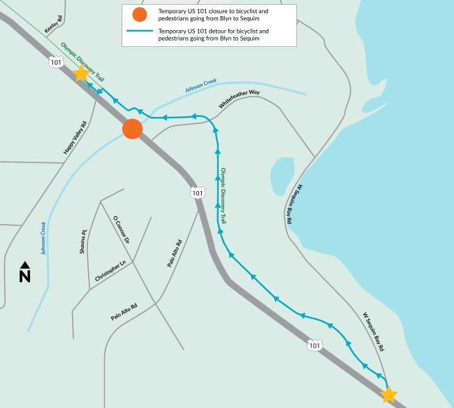 A map graphic of US 101 in Blyn, Wash shows a temporary detour for pedestrians and bicyclists going from Blyn to Sequim. A blue line with arrows pointing upwards follows the Olympic Discovery Trail to indicate the detour route. An orange circle on US 101 over Johnson Creek indicates the work zone where WSDOT is removing barriers to fish passage under the roadway. Two yellow stars on either end of the detour route show the beginning and end of the detour.