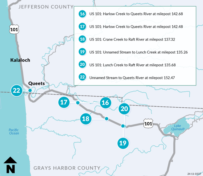 View full image of map showing US 101 fish passage sites in Grays Harbor and Jefferson counties. Locations are as follows: Site 16 US 101: Harlow Creek to Queets River at milepost 142.68, Site 17 US 101: Harlow Creek to Queets River at milepost 142.48, Site 18 US 101: Crane Creek to Raft River at milepost 137.32, Site 19 US 101: Unnamed Stream to Lunch Creek at milepost 135.26, Site 20 US 101: Lunch Creek to Raft River at milepost 135.68, Site 22 Unnamed Stream to Queets River at milepost 152.47.