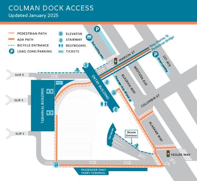 Map showing Colman Dock access with pedestrian, ADA, and bicycle paths, updated January 2025