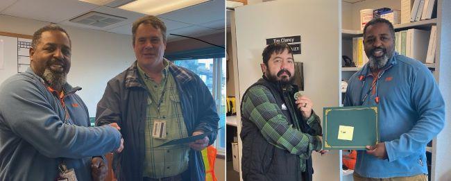 Side-by-side photos of two people shaking hands in an office while holding a certificate and a coin