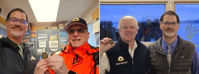 Side-by-side photos of two people holding coins in separate indoor and outdoor settings