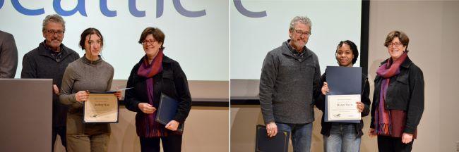 Two photographs of award ceremonies with recipients holding certificates, flanked by two presenters