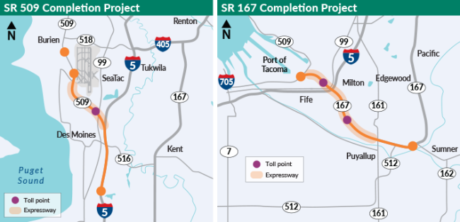 Two maps side by side, showing the SR 509 and SR 167 highway extension areas. One map labeled SR 509 Completion Project shows a purple dot on SR 509 that indicates where drivers will be tolled. On the SR 167 map, two purple dots on SR 167 shows where drivers will be tolled on that highway.