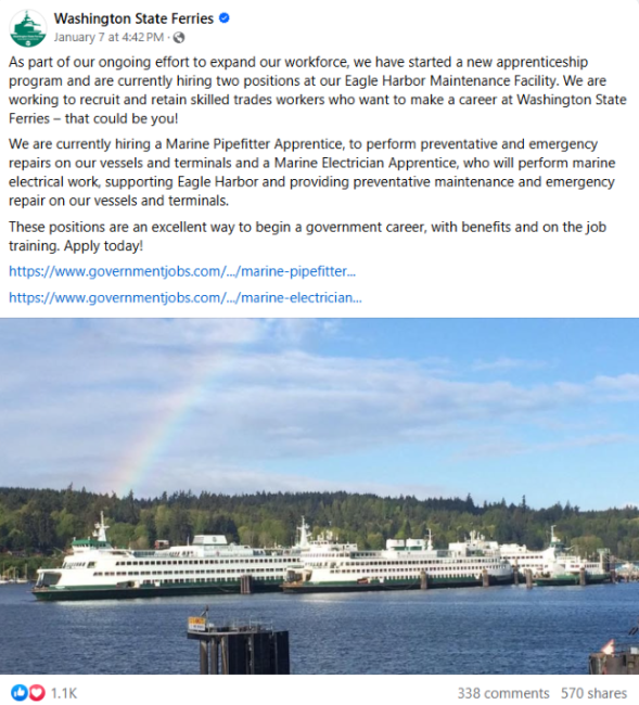 Screenshot of Jan. 7 Washington State Ferries Facebook post about hiring apprentices, with an image of ferries and a rainbow