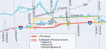 Detour routes for the upcoming I-90 closure in Spokane to remove the Magnolia St. pedestrian bridge.