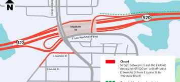 Graphic showing closure limits. Orange marks signify closed sections of roadway. A legend box on the bottom right reads "Closed - SR 520 between I-5 and the Eastside - Associated SR 520 on- and off-ramps - East Roanoke Street from East Louisa Street to Montlake Boulevard East" then a green marker with "open to bicycles and pedestrians"