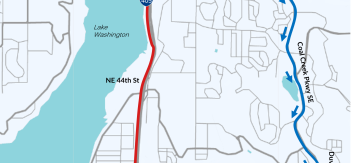 Image shows map of the southbound I-405 closure from Coal Creek Parkway Southeast to Northeast 30th Street. Southbound I-405 travelers will take the Coal Creek Parkway Southeast off-ramp (Exit 10), continue on Coal Creek Parkway Southeast, Duvall Avenue Northeast, Sunset Boulevard Northeast and take the on-ramp from North Southport Drive/Sunset Boulevard Northeast to re-enter southbound I-405.